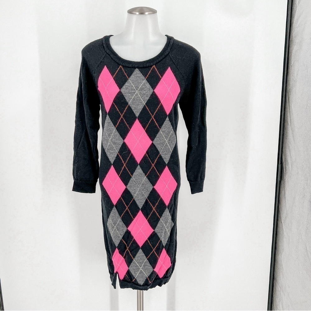 Juicy Couture 100% Wool Argyle Print Knitted Sweater Dress black/hot pink